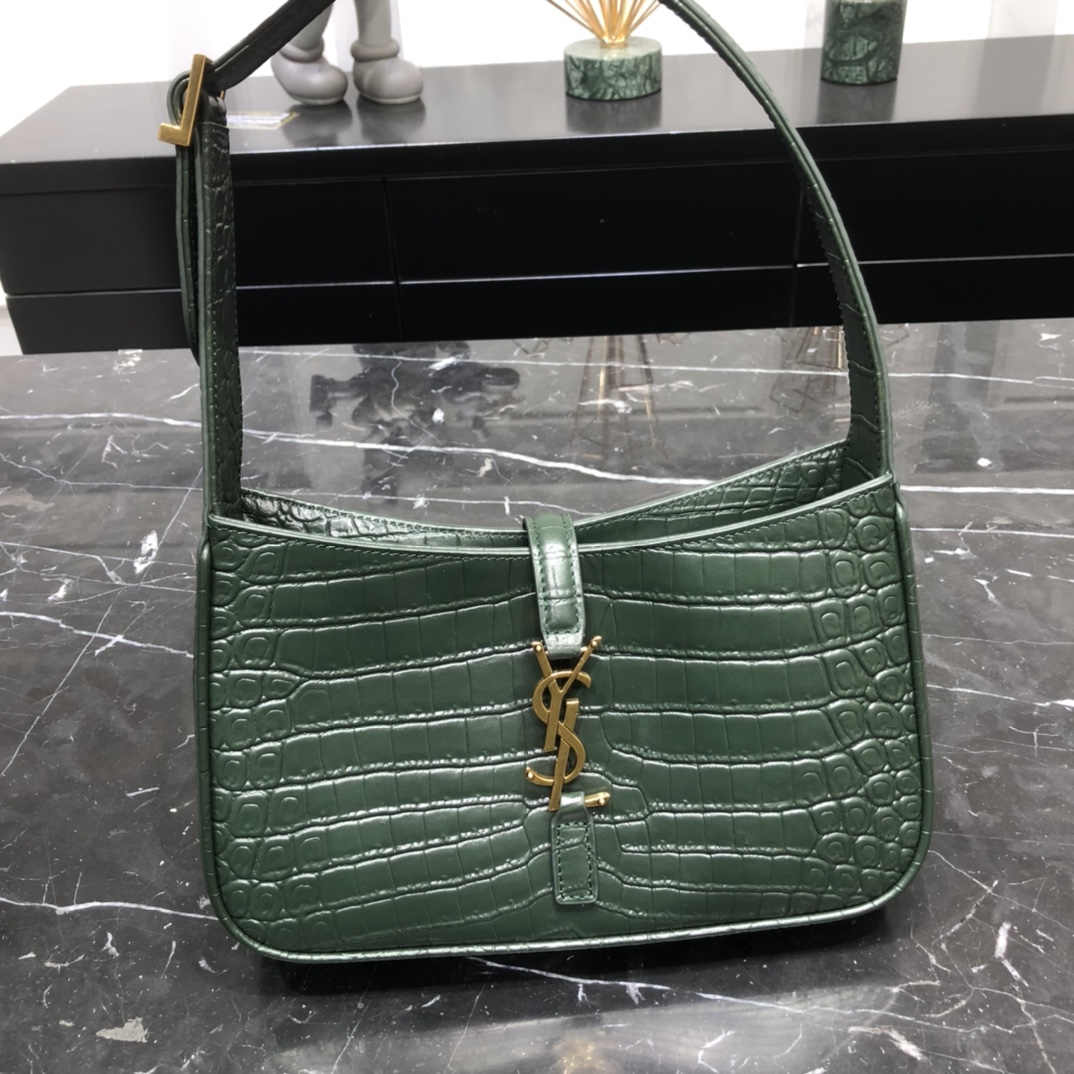 Saint Laurent LE 5 A 7 Crocodile Embossed Calfskin Shoulder Bag Handbag Army Green 657228